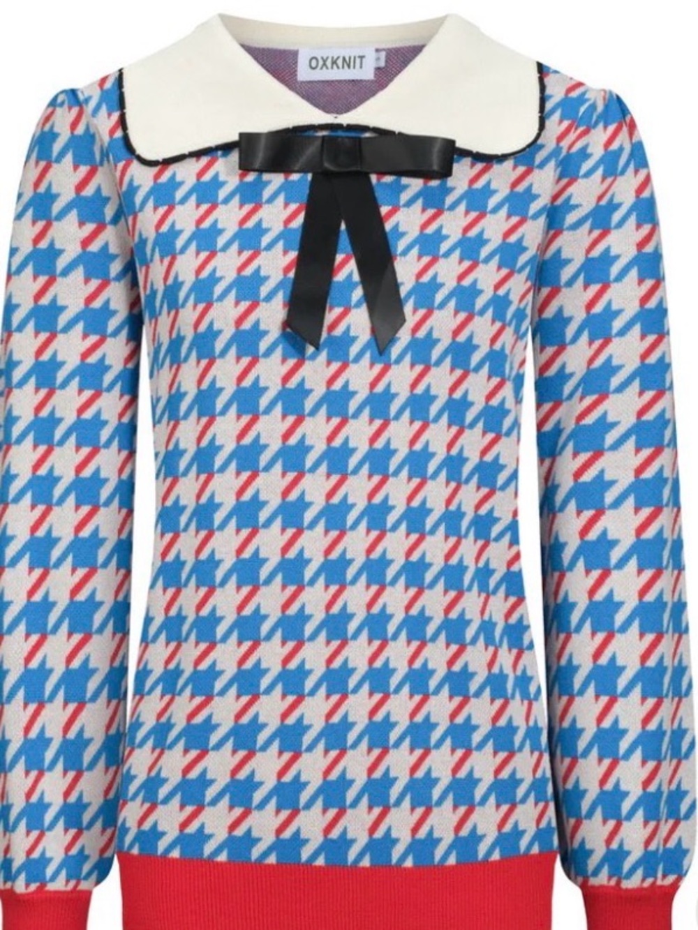OXknit bird pliers vintage Blue & Red Houndstooth Sweater NWT puff sleeves